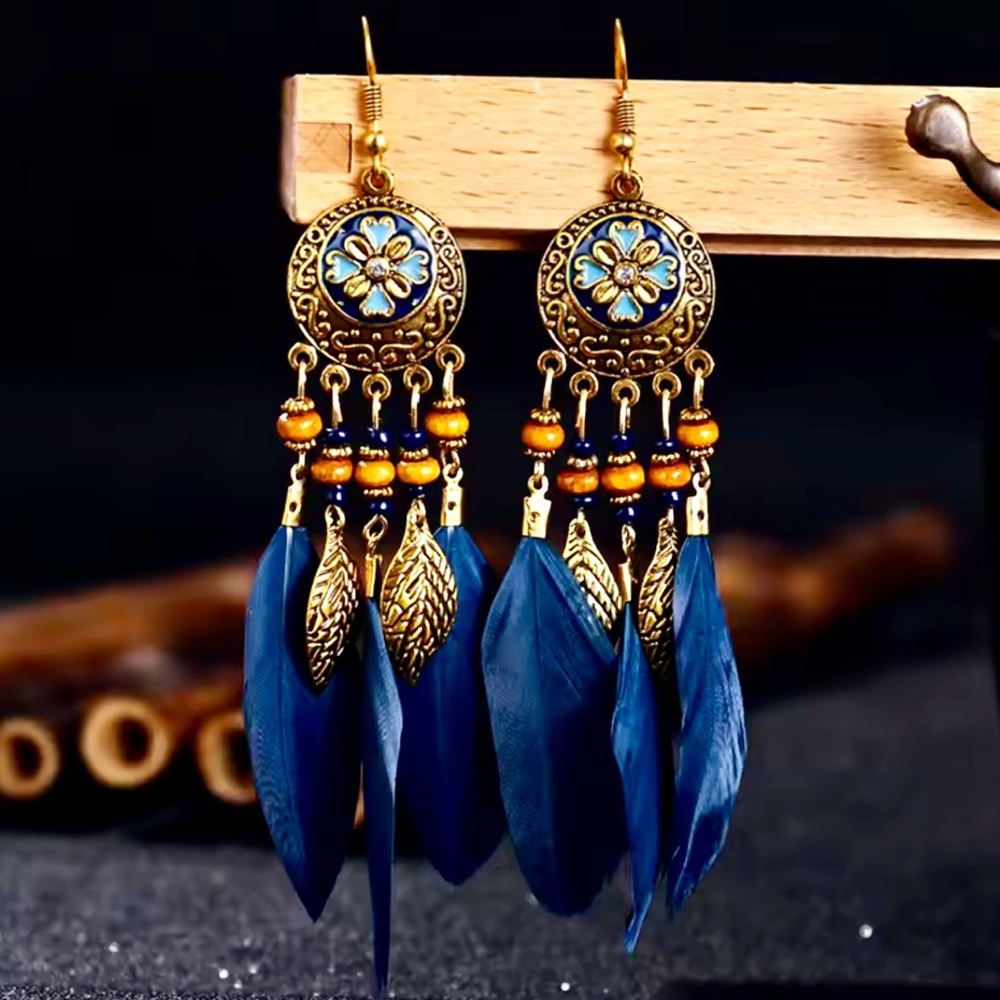 Bohemian Long Feather Drop Earrings | Royal Blue-Green | Gold-Toned Texture